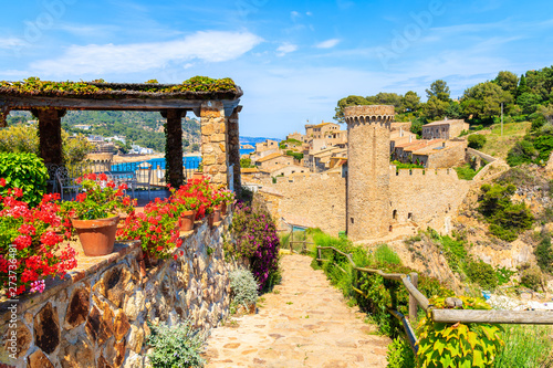 Flowers on coastal path in Tossa de Mar and view of castle with old town, Costa Brava, Spain photo