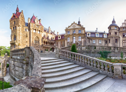 WROCLAW, POLAND - JUNE 15, 2019: Castle in Moszna near Opole, Poland. One of the most beautiful historic residences in Poland. The palace has 365 rooms and 99 towers and turrets.