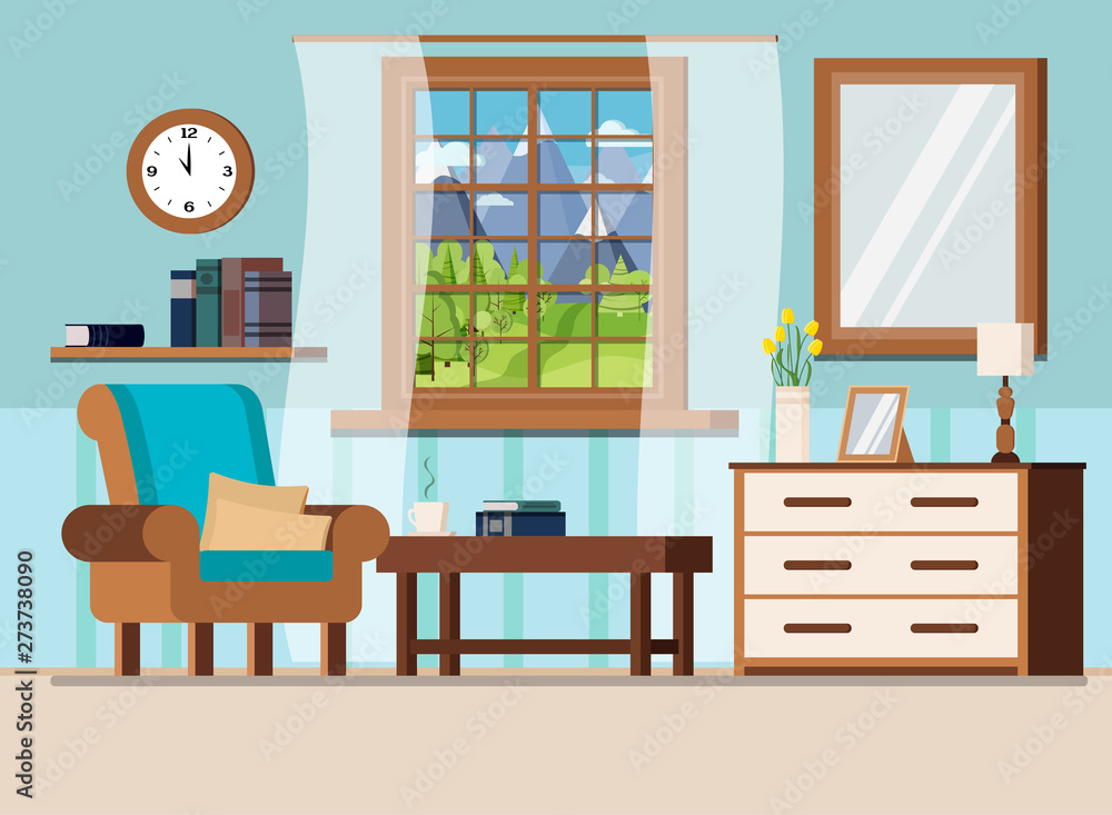 Φωτογραφία Cozy home interior background with coffee table, lamp, armchair, pillows, cup, wall clock, books, vase and tulips, window with summer mountains landscape in flat cartoon style