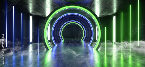 Smoke Future Sci Fi Circle Concrete Grunge Neon Lights Glowing Green Blue Studio Dark Empty Underground Tunnel Corridor Vibrant Garage Gallery Arc Entrance Gate 3D Rendering