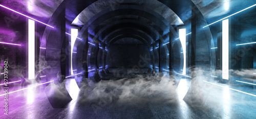 Smoke Futuristic Neon Lights Sci Fi Glowing Purple Blue Virtual Vibrant Underground Garage Tunnel Corridor Grunge Concrete Reflection Dark Empty Circle Shapes 3D Rendering