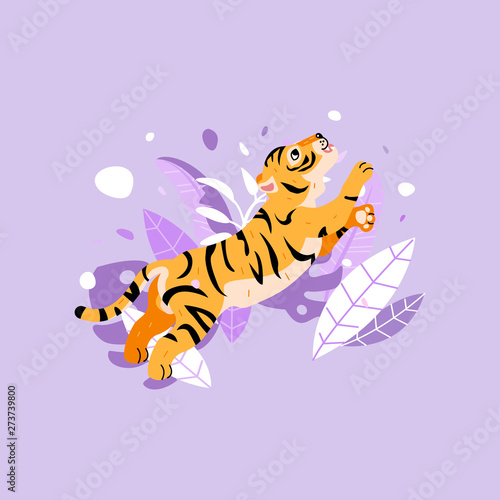 Cheerful tiger jumping in the rainforest. Funny tiger with tropical leaves. 