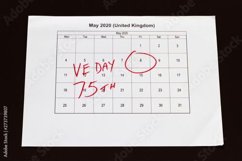 Monthly calendar with 8 May 2020 VE Day, landscape