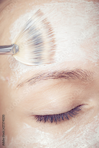 Cosmetician applying facial mask at young woman in spa salon photo