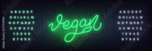 Vegan neon sign. Glowing lettering Vegan template.