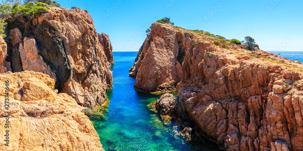 Panorama with beautiful rocks and sea cove at Cala Aigua, Costa Brava, Spain Panorama with beautiful rocks and sea cove at Cala Aigua, Costa Brava, Spain