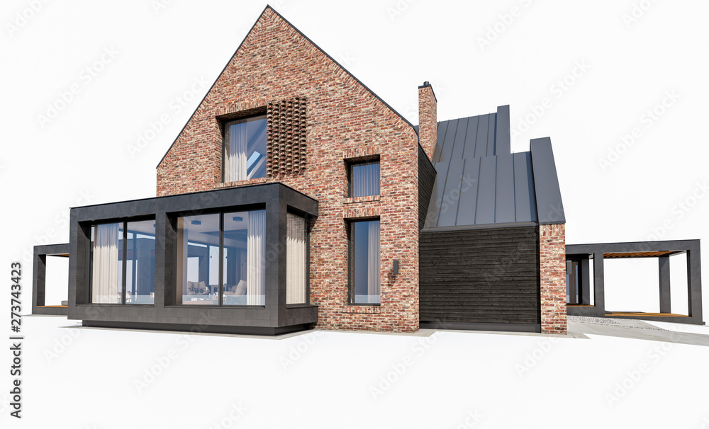 3d rendering of modern cozy clinker house on the ponds with garage and pool for sale or rent. Isolated on white 3d rendering of modern cozy clinker house on the ponds with garage and pool for sale or rent. Isolated on white