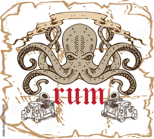 vector image of a label of rum with a Kraken octopus pattern in the style of old engraving