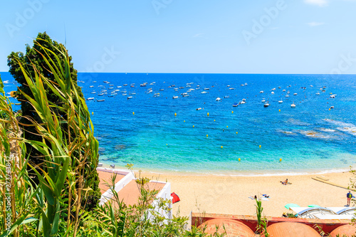 Amazing beach in Calella de Palafrugell  scenic fishing village with white houses and sandy beach with clear blue water  Costa Brava  Catalonia  Spain