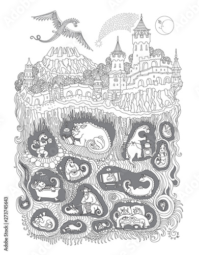 Vector contour thin line illustration. Fairy tale castle, old medieval town and Dragon beast cave underground nest. Black and white hand drawn sketch. Adults coloring book page, tee shirt print