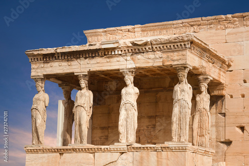 Porch of the Caryatids at famous ancient Erechtheion Greek temple on the north side of the Acropolis of Athens in Greece