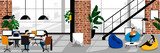 Creative freelancers people in coworking office. Vector flat cartoon illustration. Working space with loft interior.