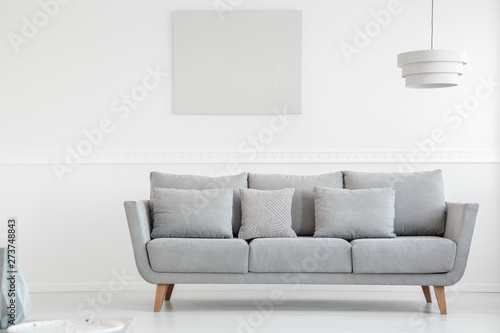 Simple grey couch in bright scandinavian living room interior