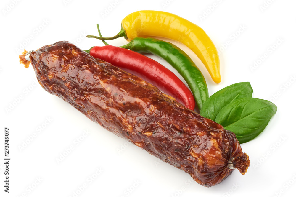 Dried pork sausage, Italian smoked meat, close-up, isolated on white background Dried pork sausage, Italian smoked meat, close-up, isolated on white background