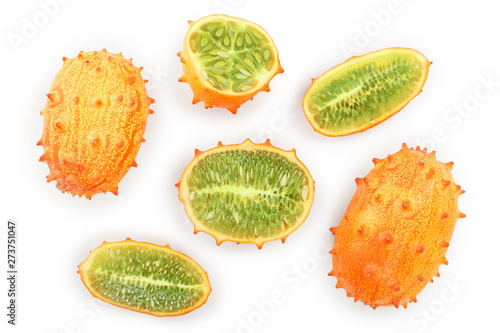 Kiwano or horned melon isolated on white background, Top view. Flat lay. photo