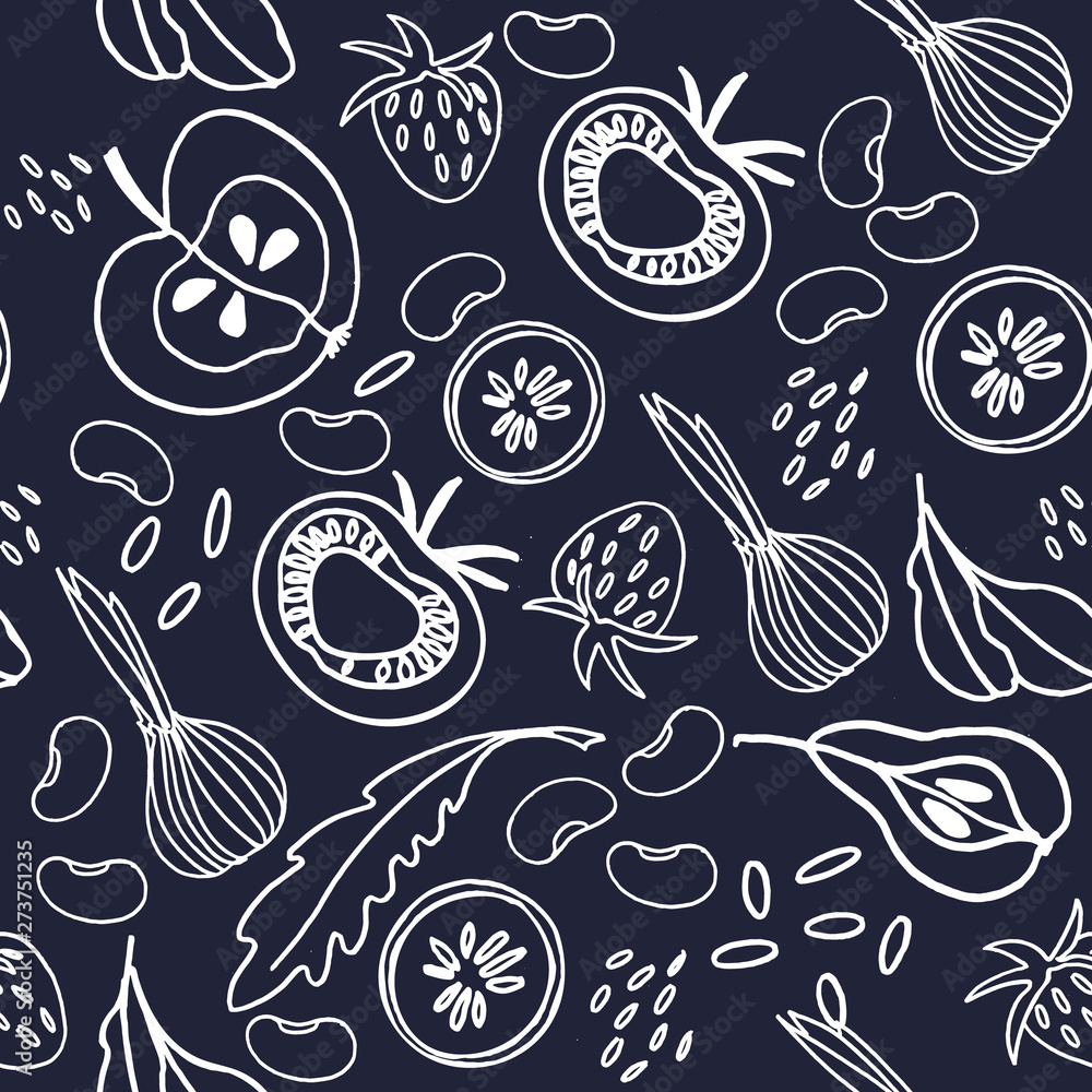 Hand drawn binary seamless pattern with fruit and vegetables for surface design. Healthy foods theme Hand drawn binary seamless pattern with fruit and vegetables for surface design. Healthy foods theme