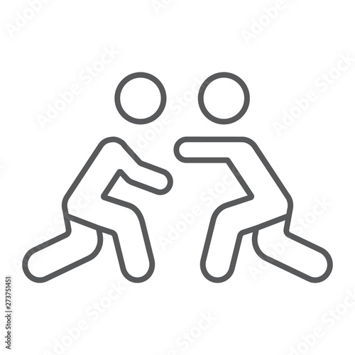 Wrestling thin line icon, sport and combat, wrestlers fighting sign, vector graphics, a linear pattern on a white background.