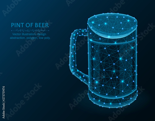 Pint of beer low poly graphic model, polygonal glass mug, alcohol drink wire frame vector illustration on dark blue background