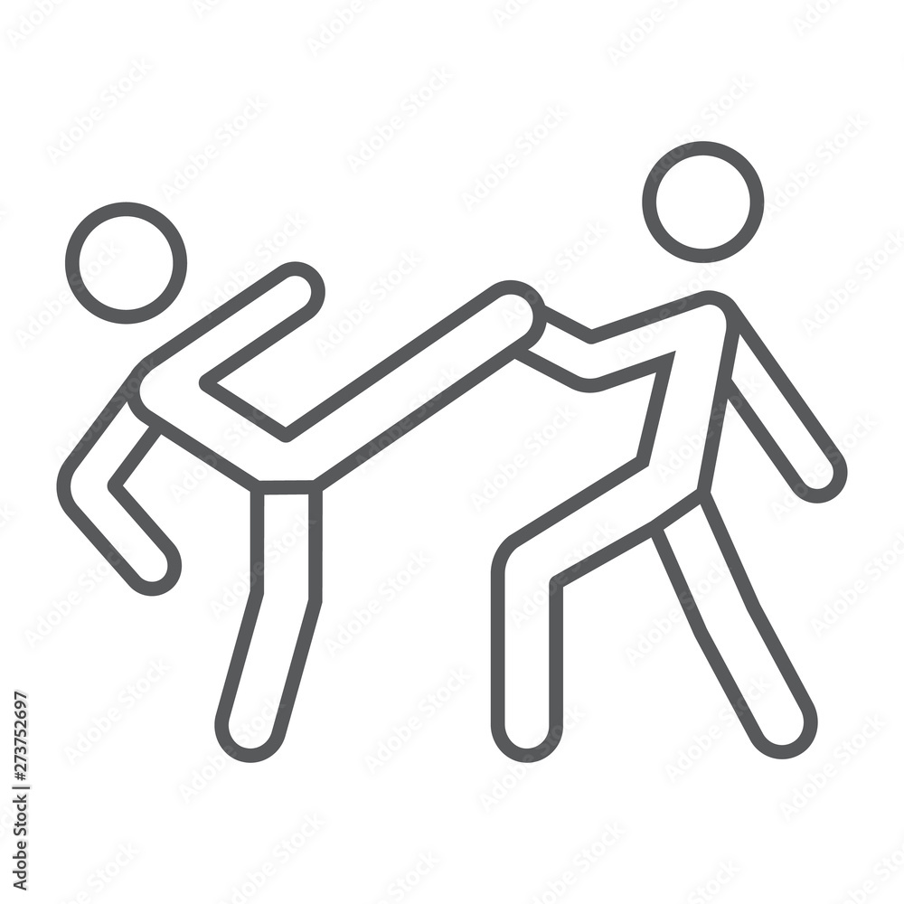 Taekwondo thin line icon, sport and martial, fighters sign, vector graphics, a linear pattern on a white background. Taekwondo thin line icon, sport and martial, fighters sign, vector graphics, a linear pattern on a white background.