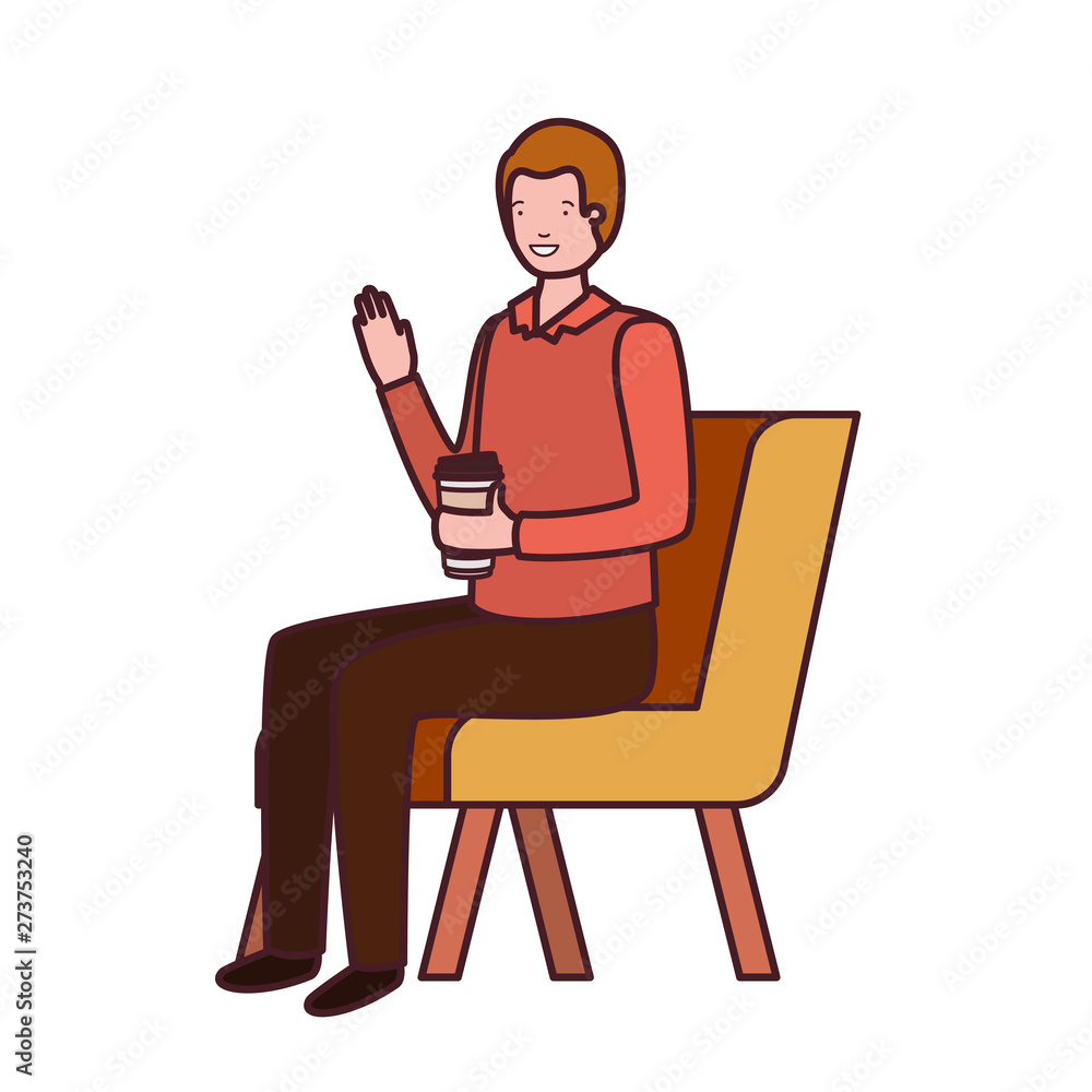 man sitting in chair with container plastic coffee on white background