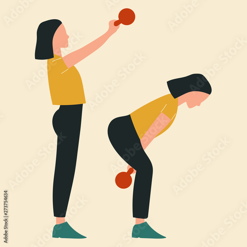 Woman doing kettlebell swings. Illustrations of glute exercises and workouts. Flat vector illustration