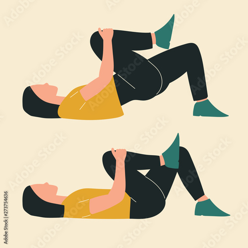 Woman doing knee tuck hip bridge. Illustrations of glute exercises and workouts. Flat vector illustration