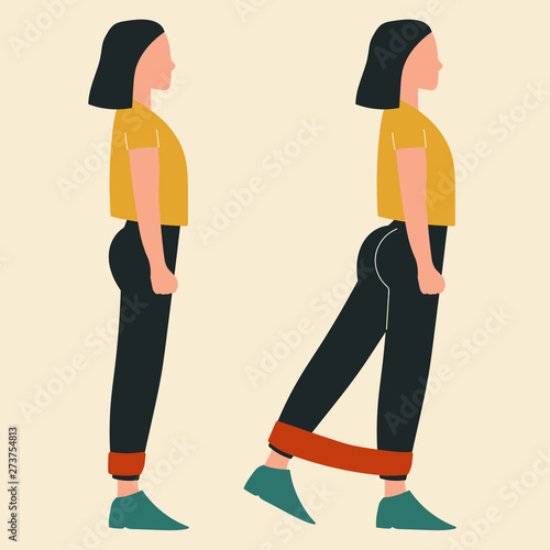 Woman doing standing kickbacks with band. Illustrations of glute exercises and workouts. Flat vector illustration