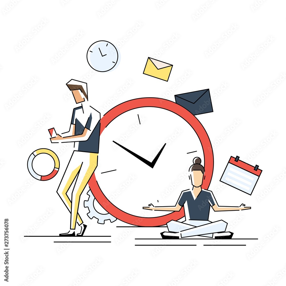 Flat geometric linear illustration, alarm clock rings on white background, concept of work time management, quick reaction awakening