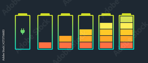 Battery charge indicator icons set. Charging level full power low to high up and electric plug. Gadget alkaline energy status vector illustration