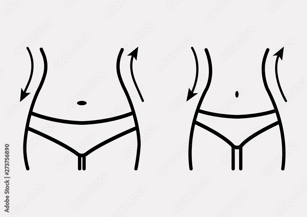 Fat and slim woman figure, before and after weight loss. Female body silhouette. Women waist, weight loss, diet, waistline line icon. Vector illustration - obrazy, fototapety, plakaty 