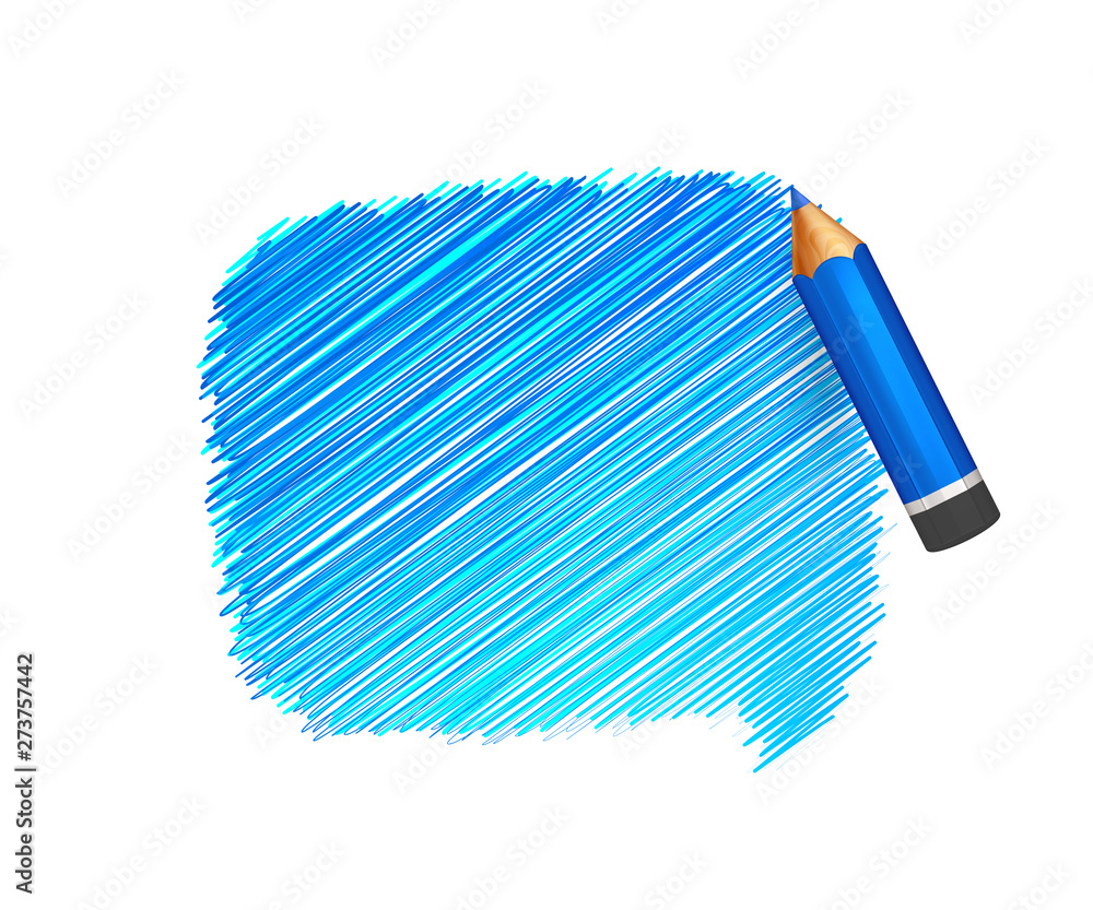 Pencil and hand drawn speech bubble on white background. Banner with doodles of blue crayon and place for message. Sketch cloud, colorful lines stroke and scribble