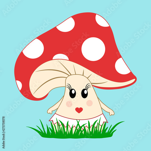 Amanita muscaria in the grass on blue background. Cartoon emoticon mushroom in love. Vector illustration