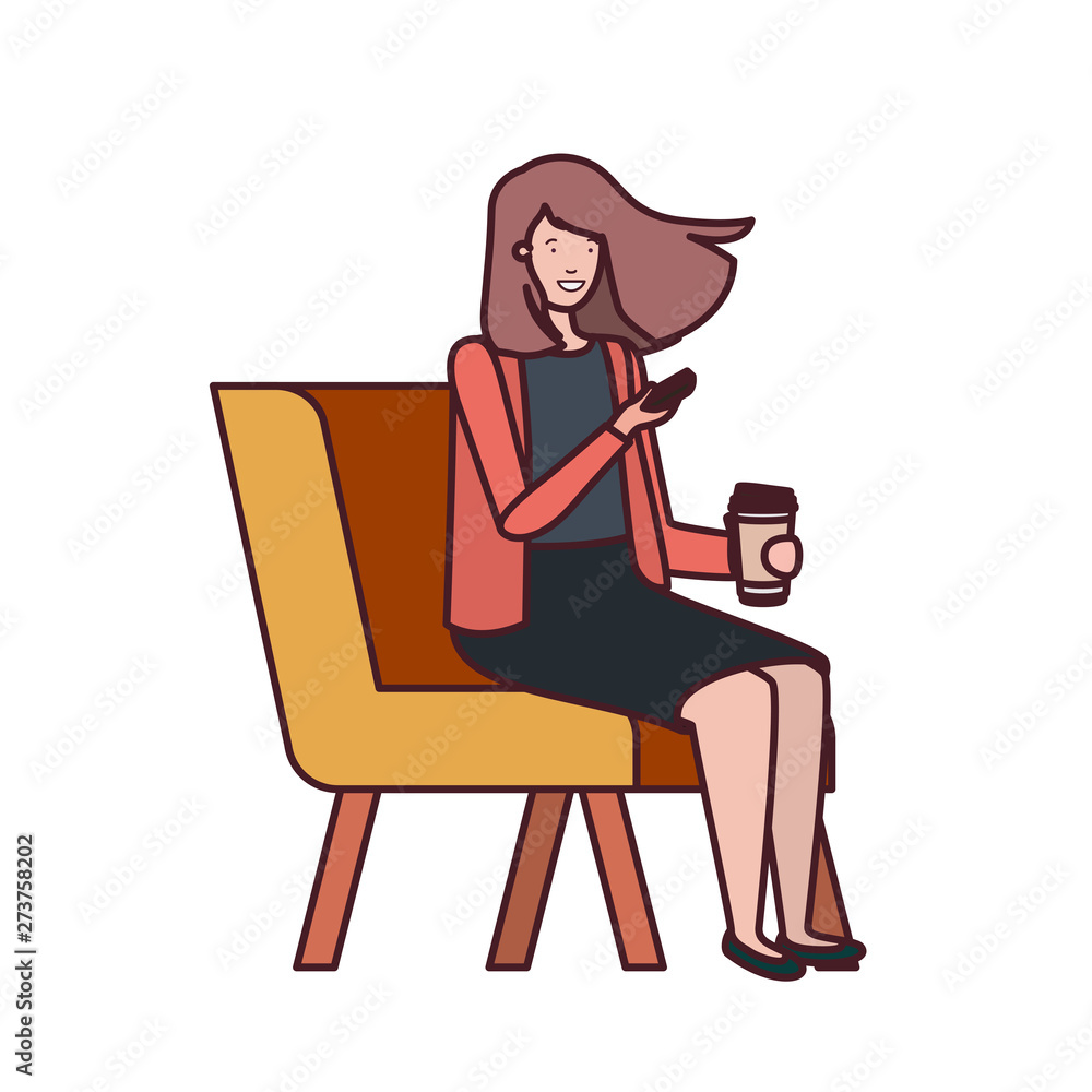 woman sitting in chair with smartphone on white background woman sitting in chair with smartphone on white background