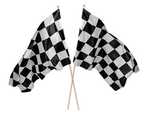 Two crossed pair of waving black white chequered flag with wooden stick motorsport sport racing concept isolated background