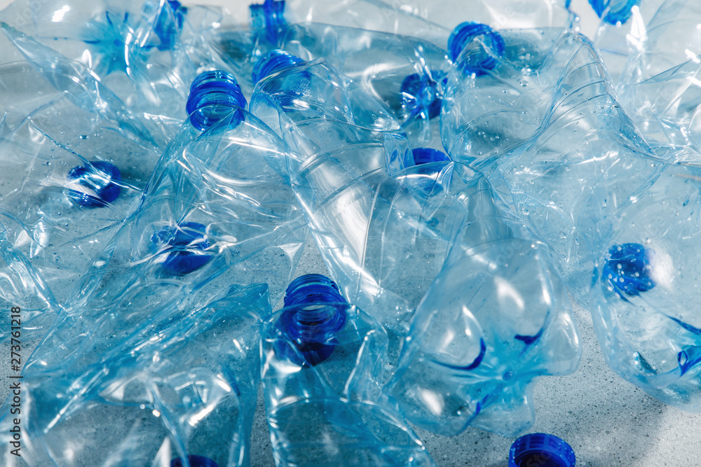 Blue single use plastic bottles. Concept of Recycling plastic and