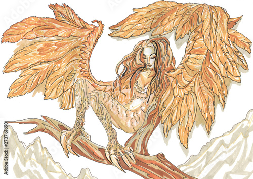 golden harpy (bird girl) with big wings on a tree branch on a yellow background