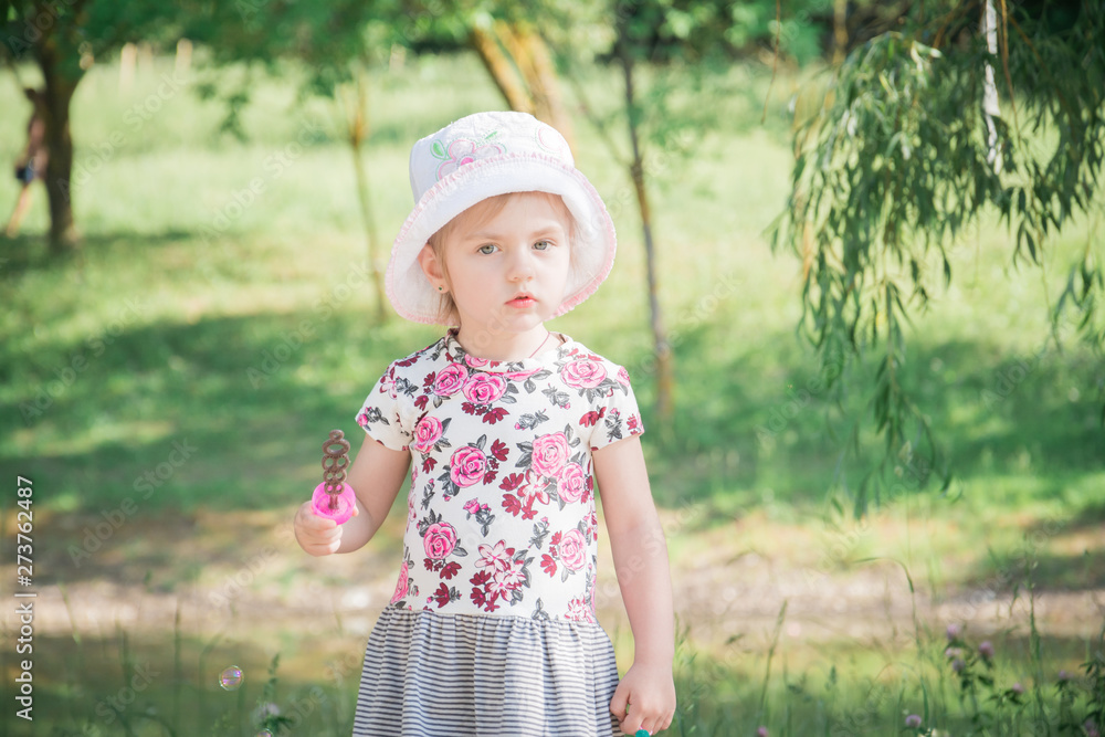 beautiful little girl walks in the summer park beautiful little girl walks in the summer park