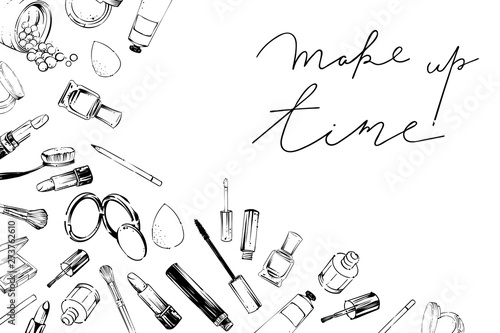 Makeup set banner with different cosmetics, vector