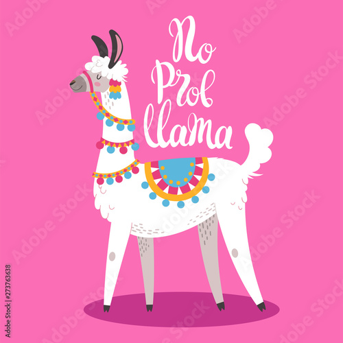 Illustration with llama, composition on pink. Vector doodle elements. Greeting card with Alpaca. No prob lama.