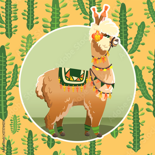 Illustration with llama and cactus plants. Vector seamless pattern on botanical background. Greeting card with Alpaca.