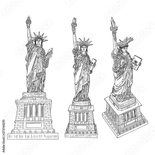 Drawing of Statue of Liberty in set for national posters 4th July United States of America Declaration of Independence day and events such as Memorial Day May 27 and Veterans Day November 11. Vector