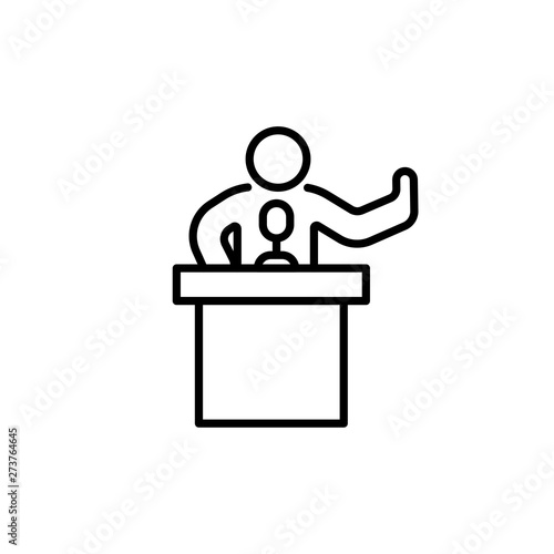 Debate concept icon outline. Man made gesture hand stop behind tribune. 