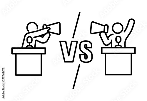 Candidate dispute versus opposition with megaphone concept debate banner outline vector photo