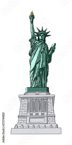 New York famous Statue of liberty sketch. Hand drawing style, line hatching stroke. Symbol of freedom and United States Declaration of Independence. Vector.
