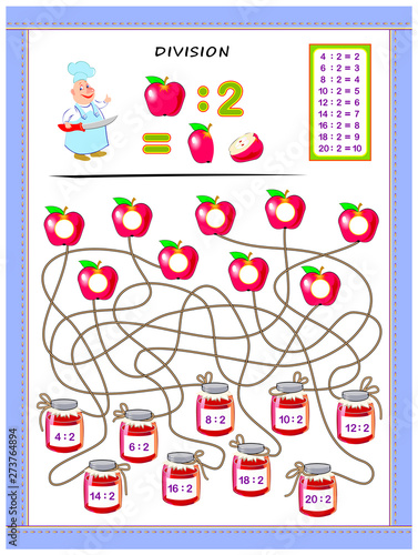 Exercises for kids with division table by number 2. Solve examples and write answers on apples. Educational page for mathematics baby book. Printable worksheet for children textbook. Back to school.