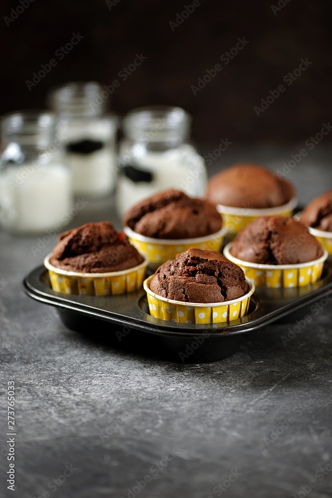 Homemade chocolate muffins. Homemade baking.