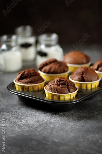 Homemade chocolate muffins. Homemade baking.