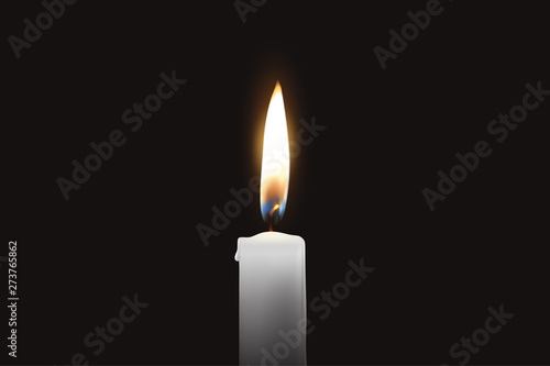 Vector 3d Realistic One Single Rendwer White Paraffin or Wax Burning Candle Closeup Isolated on Dark or Black Background. Flame at Night