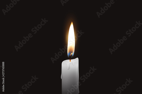 Vector 3d Realistic One Single Rendwer White Paraffin or Wax Burning Candle Closeup Isolated on Dark or Black Background. Flame at Night