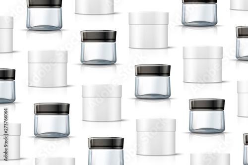 Vector template - realistic cosmetics glass jar and paper box on table, mockup for your package design isolated on white background
